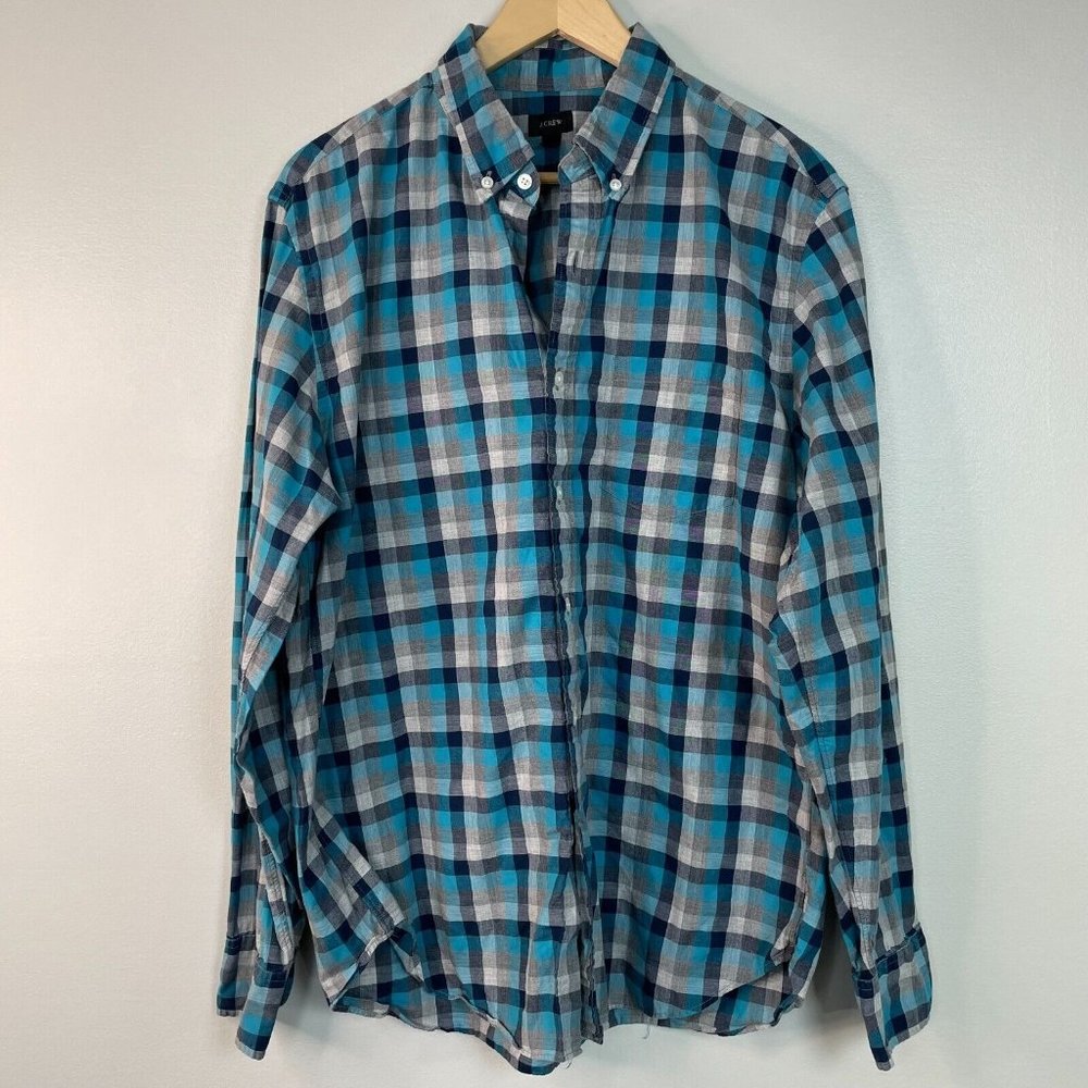 J. Crew Shirt Large Blue Gray Plaid Cotton Button-Front Long Sleeve Casual Men's